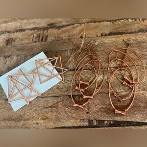 Two Pairs Big Metal Copper Rose Gold Metallic Geometric Shape Large Earrings New